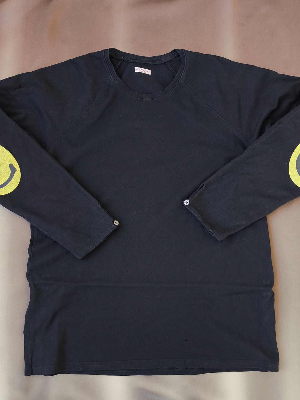 Kapital Black Crewneck Heavyweight Pullover Iconic Elbow Smiley Size 2, Medium